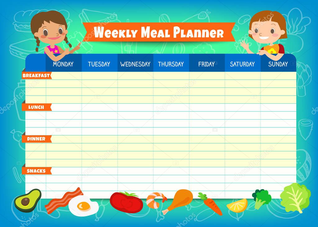 Weekly meal planner with cute kids cartoon characters. A meal timetable for kid at school. Children weekly meal schedule design template Vector illustration. 