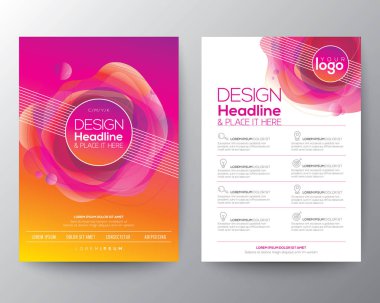 Broşür, Broşür, Afiş, broşür, Yıllık rapor, Kitap kapağı, Grafik Tasarım Düzeni şablonu, A4 boyutu için canlı degrade arka plan modern soyut sıvı turuncu macenta daire şekil renkleri