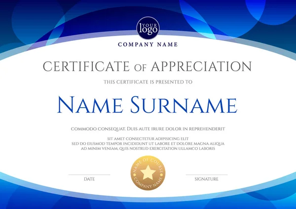 Шаблон сертифіката з овальною формою на синьому фоні. Сертифікат вдячності, шаблон дизайну диплома нагороди. Векторні — стоковий вектор