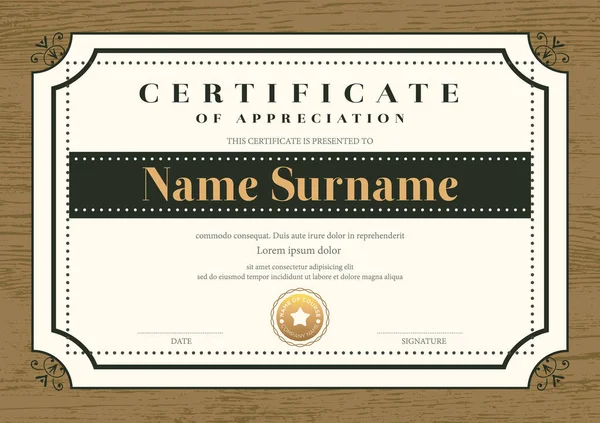 Certificaatsjabloon met vintage frame op houten achtergrond. Certificaat van waardering, Award diploma ontwerpsjabloon. Vector illustratie — Stockvector