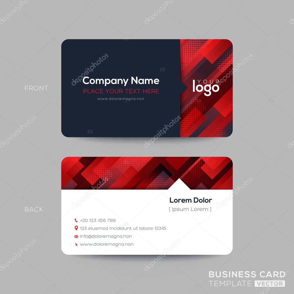 Red business card, membership card, VIP club card template with oblique line shape graphic element on black background. modern design.