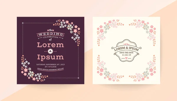 Tarjeta de invitación de boda con borde marco floral rosa con fondo marrón oscuro — Archivo Imágenes Vectoriales