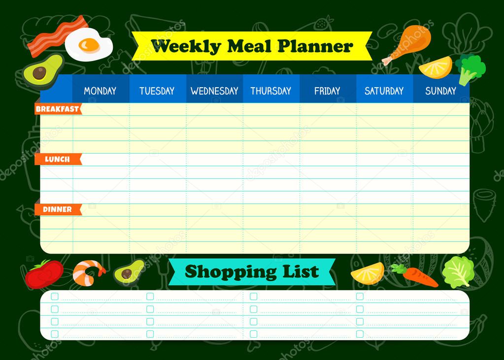 Weekly meal planner with foods illustration. A meal timetable for kids at school. Children weekly meal schedule design template Vector illustration. Shopping list template.