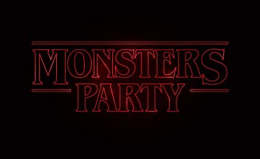 Monster Party metin tasarımı, Cadılar Bayramı kelime tema siyah arka plan üzerinde Kırmızı kızdırma metin. 80 tarzı, seksenli tasarım.