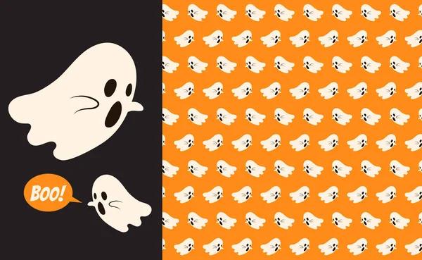 Fondo de patrón sin costuras fantasma de Halloween. Vacaciones lindo fantasma dibujo animado personaje vector ilustración — Vector de stock