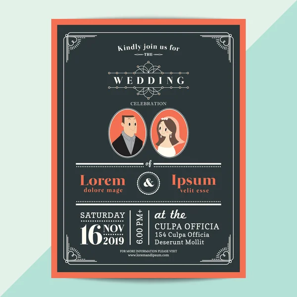 Tarjeta de invitación de boda vintage moderna con borde y marco de color naranja sobre fondo azul marino oscuro — Vector de stock