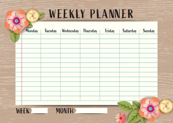 Plantilla de planificador de horario semanal con borde de marco de flores sobre fondo de madera — Archivo Imágenes Vectoriales
