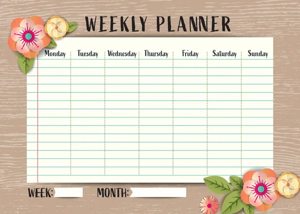 Veckoschema Planner mall med blommor ram kant på trä bakgrund — Stock vektor