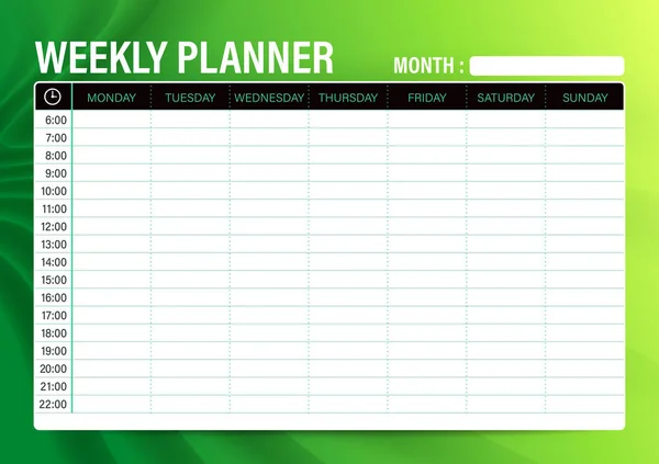 Einfache Wochenplan-Planer-Vorlage mit grünem Farbverlauf Hintergrund, Größe A4 — Stockvektor