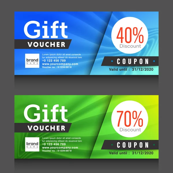 Blauw, groen cadeau voucher certificaat coupon ontwerpsjabloon. — Stockvector