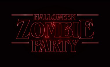 Zombi parti metin tasarımı, siyah arka plan üzerinde Kırmızı kızdırma metin ile Halloween kelime. 80'lerin stili, seksenler tasarımı. Vektör çizimi