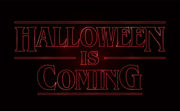 Projeto de texto de Halloween, Halloween está chegando palavra com texto de brilho vermelho no fundo preto. Estilo dos anos 80, design dos anos 80. Ilustração vetorial —  Vetores de Stock