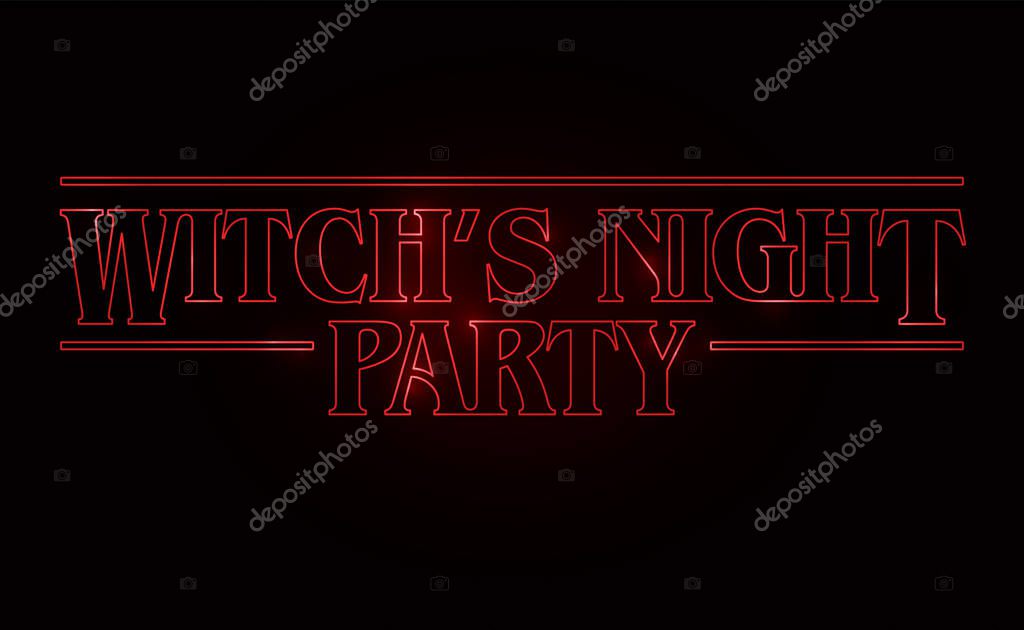 Witch's night party text design, Halloween word with Red glow text on black background. 80's style, eighties design. Vector illustration