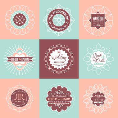 düğün baş harfleri çerçeve, Lineer ince çizgi art deco retro vintage tasarım elemanları seti.