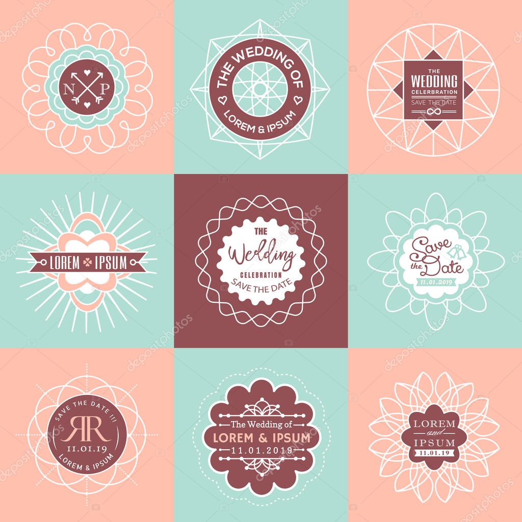 Wedding initials frame, Set of linear thin line art deco retro vintage design elements with frame corner badge in geometric shape