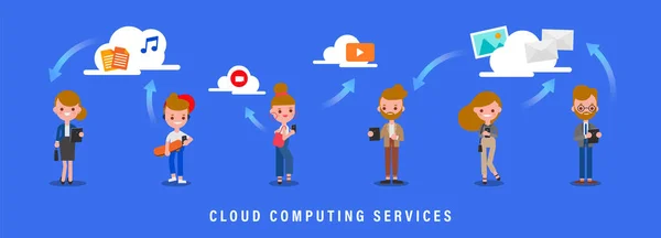 Illustration Des Konzepts Cloud Computing Services Gruppe Von Menschen Mit — Stockvektor