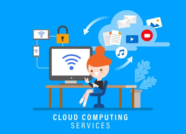 Cloud Computing Dienste Illustration Des Online Sicherheitskonzepts Mädchen Mit Computer — Stockvektor