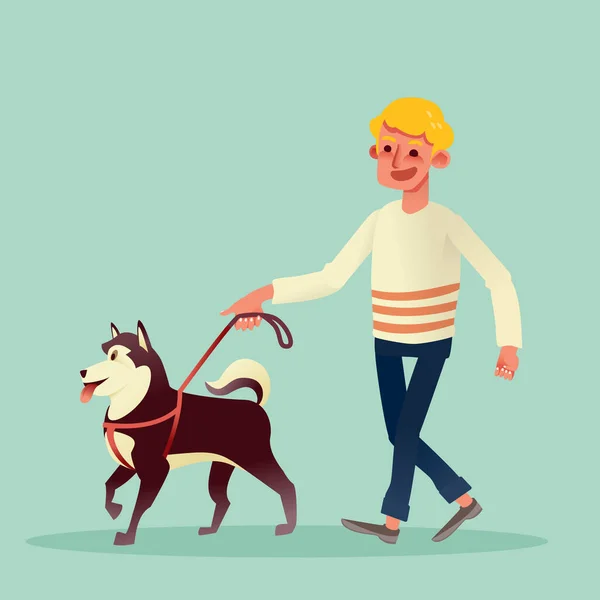 Homme Heureux Marchant Avec Son Chien Illustration Vectorielle Dessin Animé — Image vectorielle