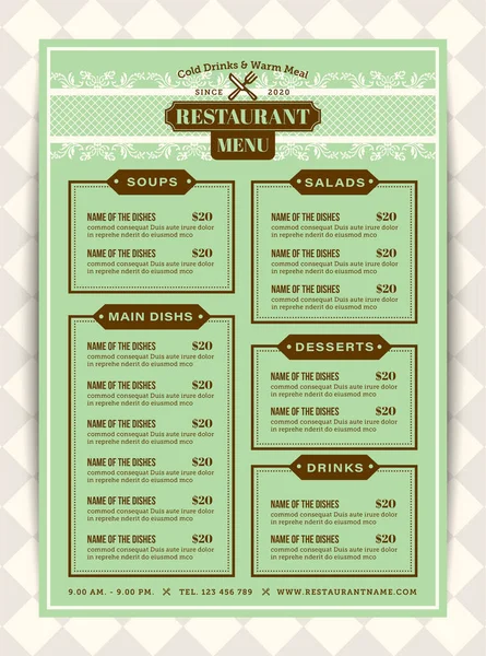 经典餐厅菜单模板与薄荷绿色背景的颜色 纵向布局 — 图库矢量图片