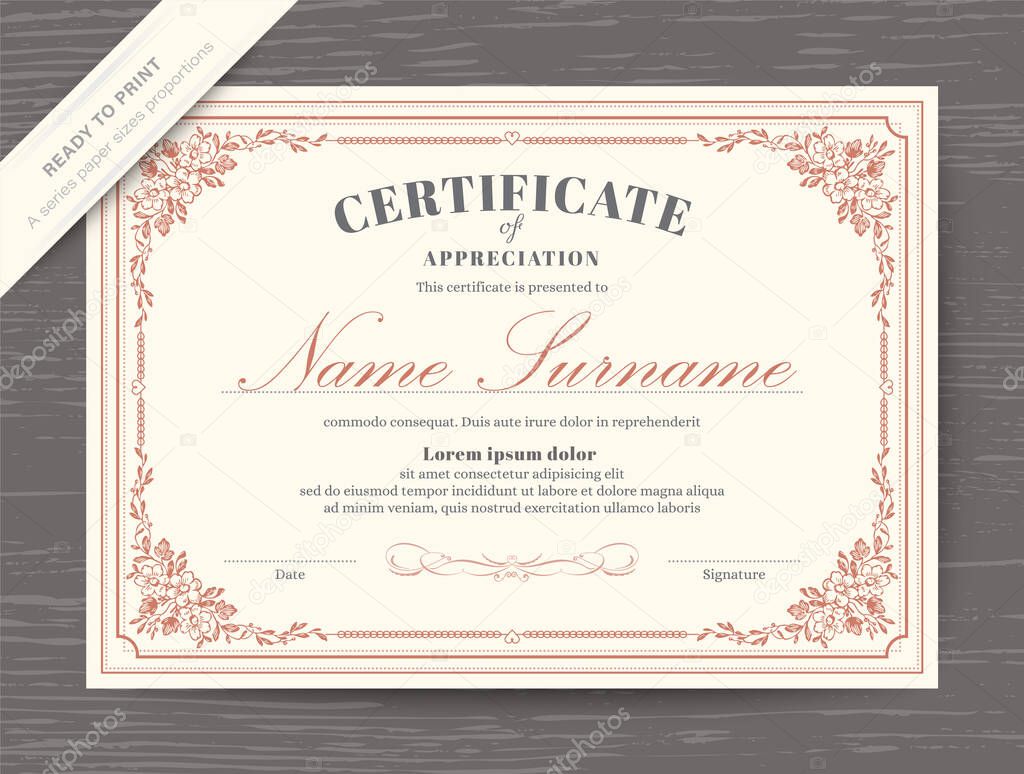 Certificate award diploma template with classic vintage floral corner border and frame