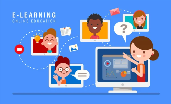 Öğrenme Çevrimiçi Eğitim Konsepti Çizimi Çevrimiçi Öğretmen Bilgisayar Ekranında Çocuklar — Stok Vektör