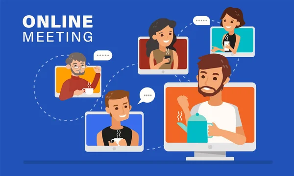 Pertemuan Online Santai Dengan Ilustrasi Teman Teman Orang Orang Muda - Stok Vektor