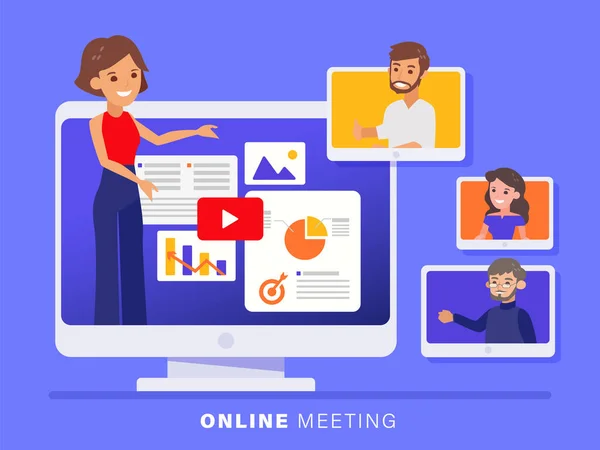 Business Team Meeting Held Video Conference Call Flat Design Style — Stock Vector