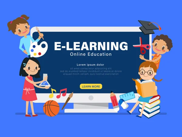 Ilustración Del Concepto Educación Línea Learning Grupo Niños Con Actividades — Vector de stock
