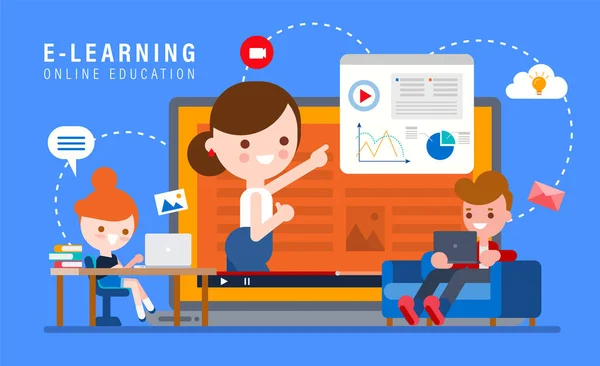 Ilustración Del Concepto Educación Línea Learning Profesora Línea Monitor Computadora — Vector de stock