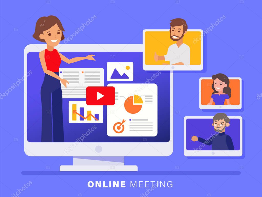Business team meeting held via a video conference call. Flat design style online meeting concept illustration. Online webinar, Work form home.