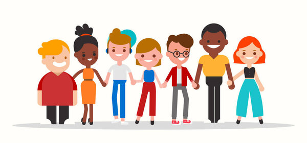Group of diverse people holding hands together illustration. Flat design cartoon characters.
