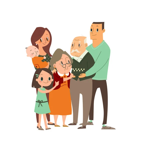 Šťastná Rodina Objímající Navzájem Několik Generací Prarodiče Rodiče Dětmi Vnoučata — Stockový vektor