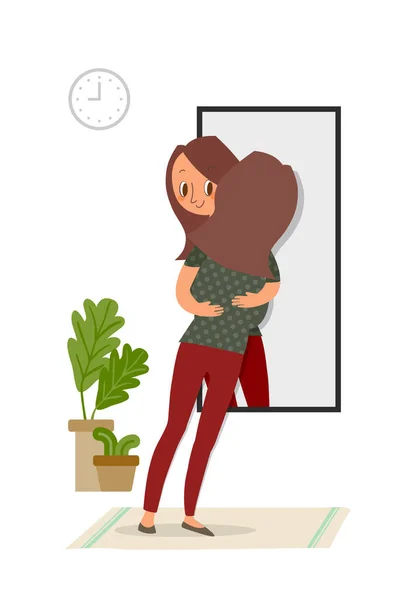 Self Acceptance Woman Hugging Her Reflection Mirror Self Care Concept — Stock Vector