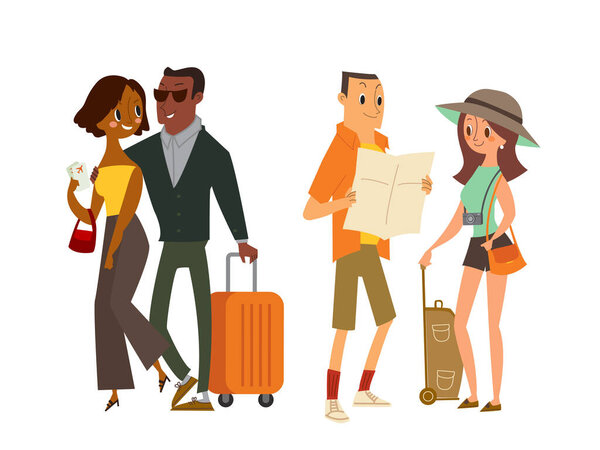 Couple tourist traveler with map and luggage. Isolated vector cartoon illustration.