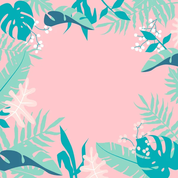 Tropische Jungle Bladeren Frame Roze Achtergrond — Stockvector