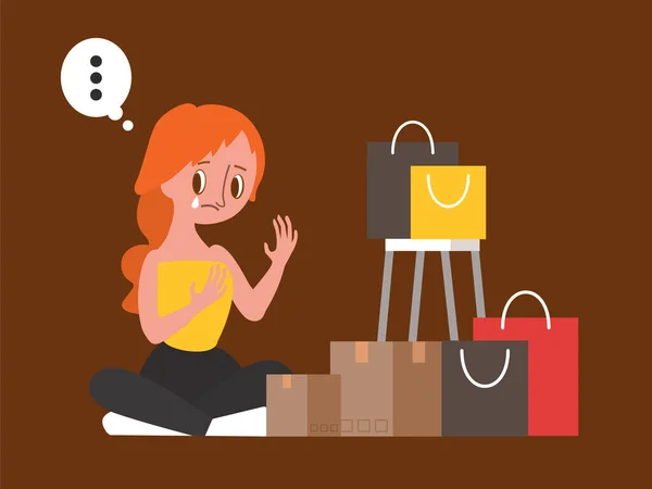 Retail Therapy Shopaholic Compulsive Spender Concept Illustration Mujer Triste Sentada — Vector de stock