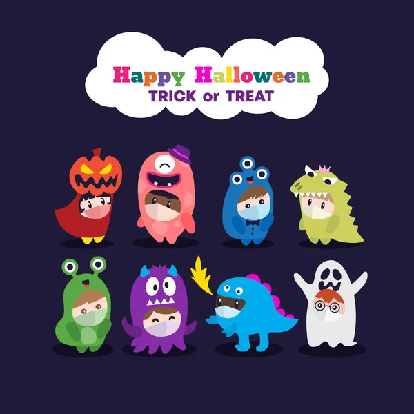 Niños Disfraz Halloween Usando Mascarilla Celebra Fiesta Halloween Durante Pandemia — Vector de stock