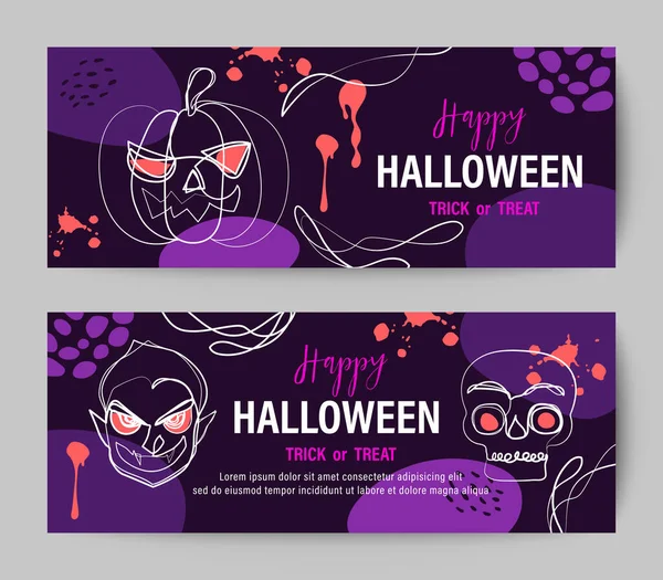 Purple Halloween Holiday Banner Design Line Drawing Pumpkin Vampire Skull — Stock Vector