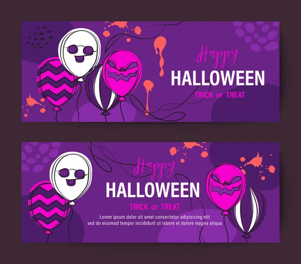 Purple Halloween Holiday Banner Design Spooky Face Balloon Vector Background — Stock Vector