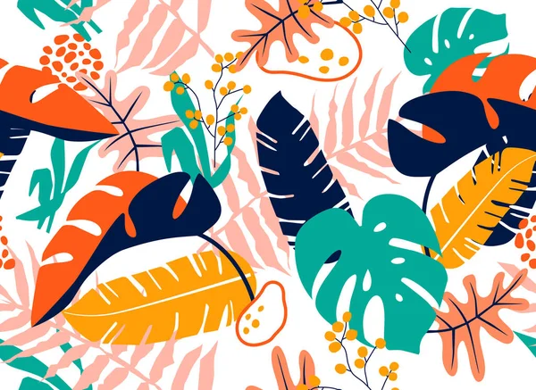 Colorido Tropical Hojas Sin Costura Patrón Fondo Ilustración Vectorial Ilustraciones de stock libres de derechos