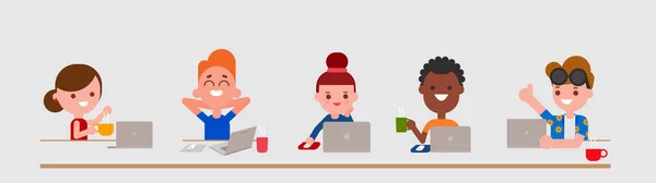 Young Adult Characters Using Laptop Computer Flat Design Style Isolated Royalty Free Stock Vectors