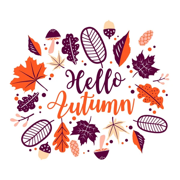 Hello Autumn Lettering Orange Floral Leaves Vector Foliage Frame Isolated — Stock Vector