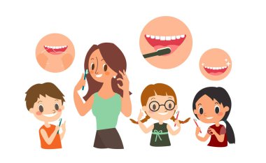 Aile dişlerini fırçalıyor. Diş ve ortodontik günlük hayat çizimi. vektör çizgi film karakteri.