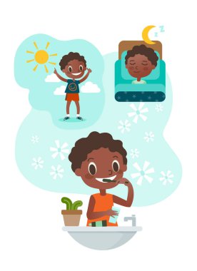 Siyah çocuk dişlerini fırçalıyor. Diş ve ortodontik günlük hayat çizimi. vektör çizgi film karakteri.