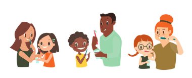 Aile dişlerini birlikte fırçalıyor. Çeşitlilik insanlarıyla dişçi ve ortodontik günlük hayat çizimi. vektör çizgi film karakteri.