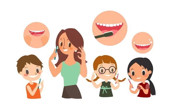 家庭刷牙 牙齿和正牙的日常生活插图 矢量卡通人物 — 图库矢量图片