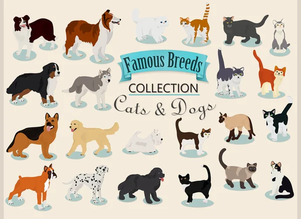 Векторный Набор Различных Пород Собак Кошек Светлом Фоне — стоковый вектор