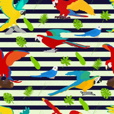Papağan çizgili bir arka plan üzerinde sorunsuz vektör arka plan tropikal bir tema