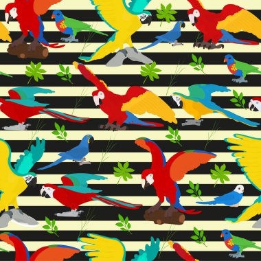 Papağan ve tropik bitkiler ile sorunsuz vektör arka plan