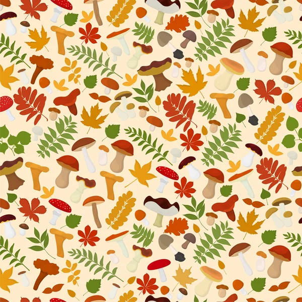 Vektor Nahtlosen Hintergrund Mit Pilzen Und Herbstblättern Auf Einem Hellen — Stockvektor